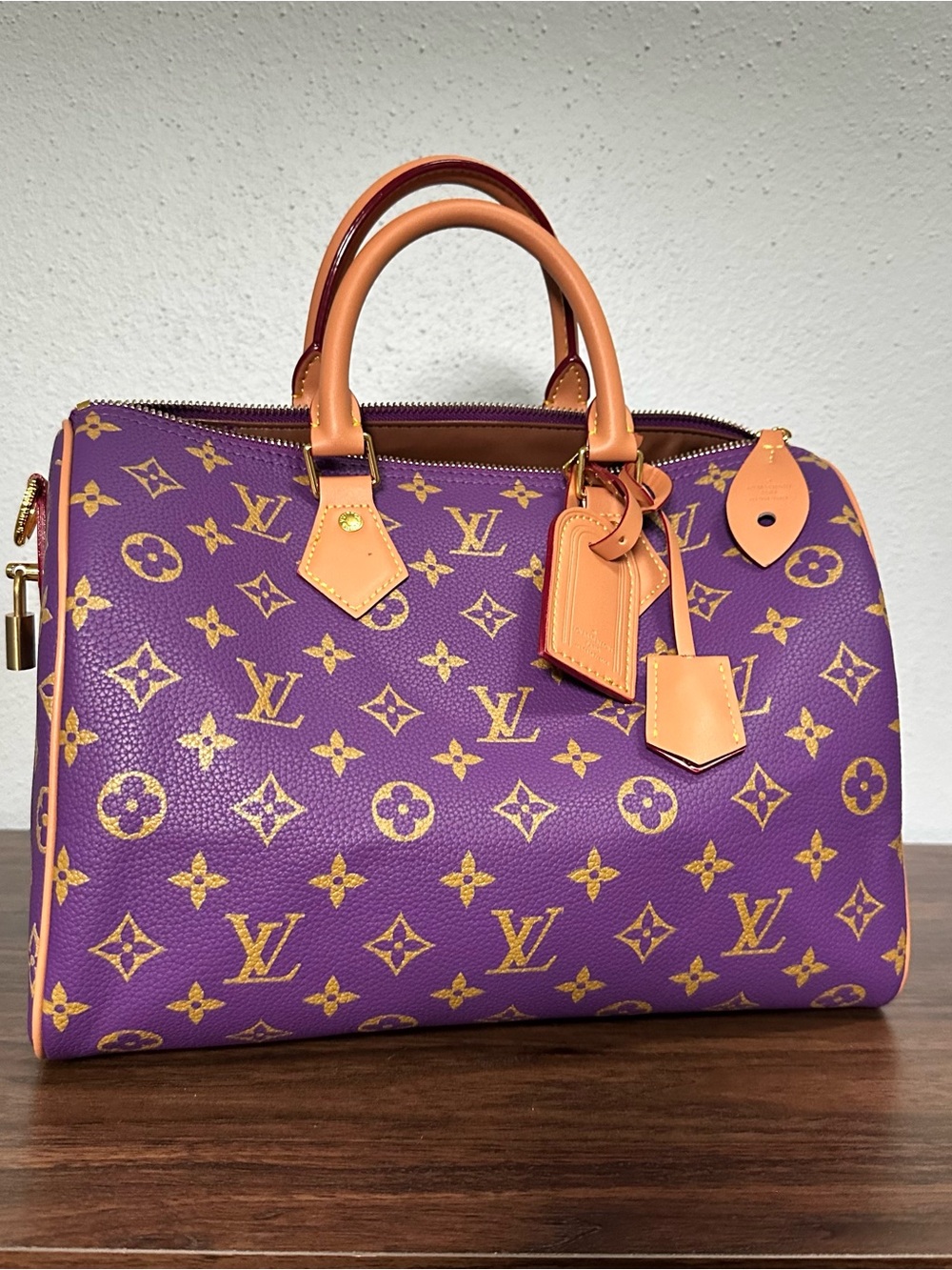 RARE INSPIRED Purple Monogram Satchel with Tan Leather Trim Size 30 P9